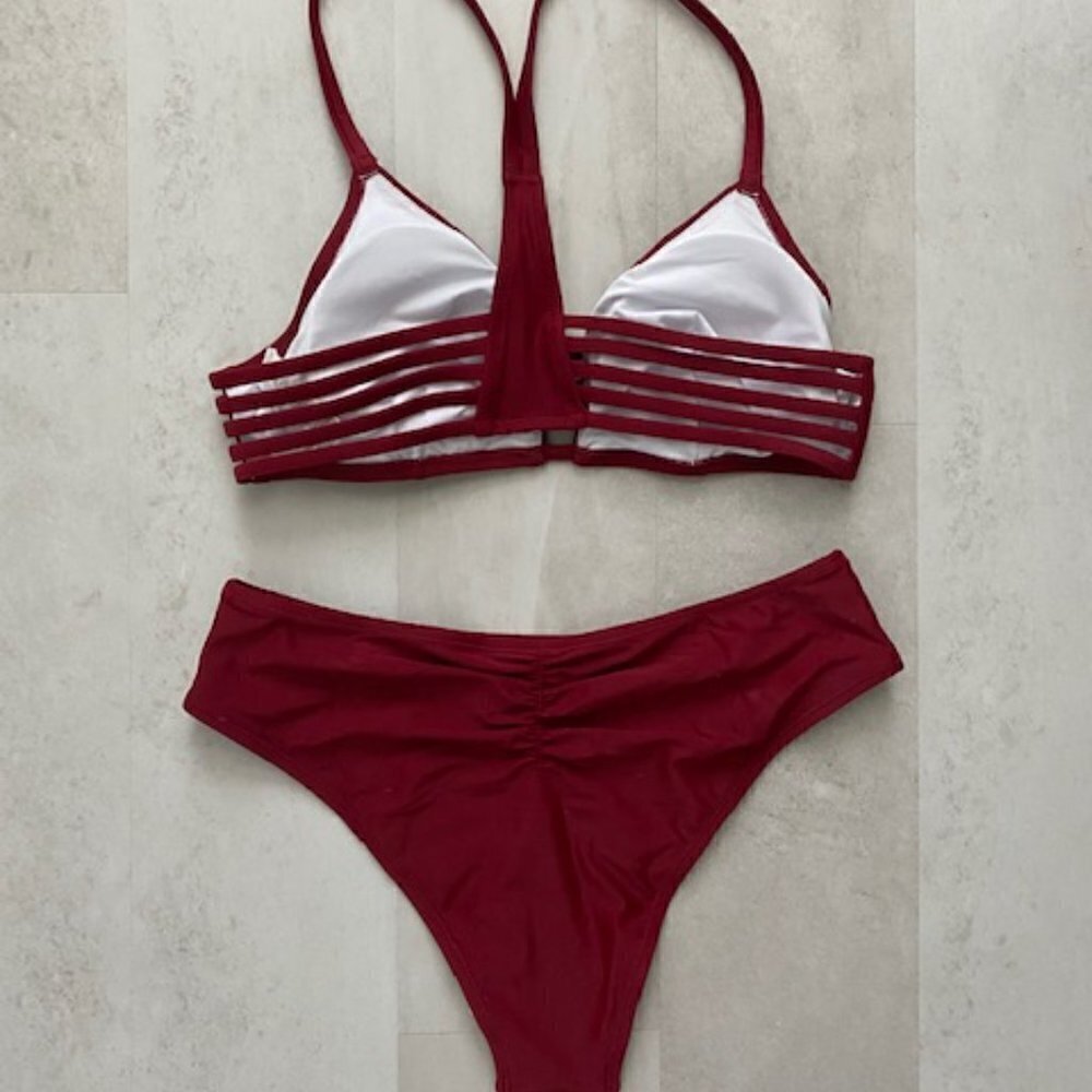 NWT CUPSHE Red Wine Strappy Cheeky 2pc Bikini Swimsuit Medium - Picture 7 of 13